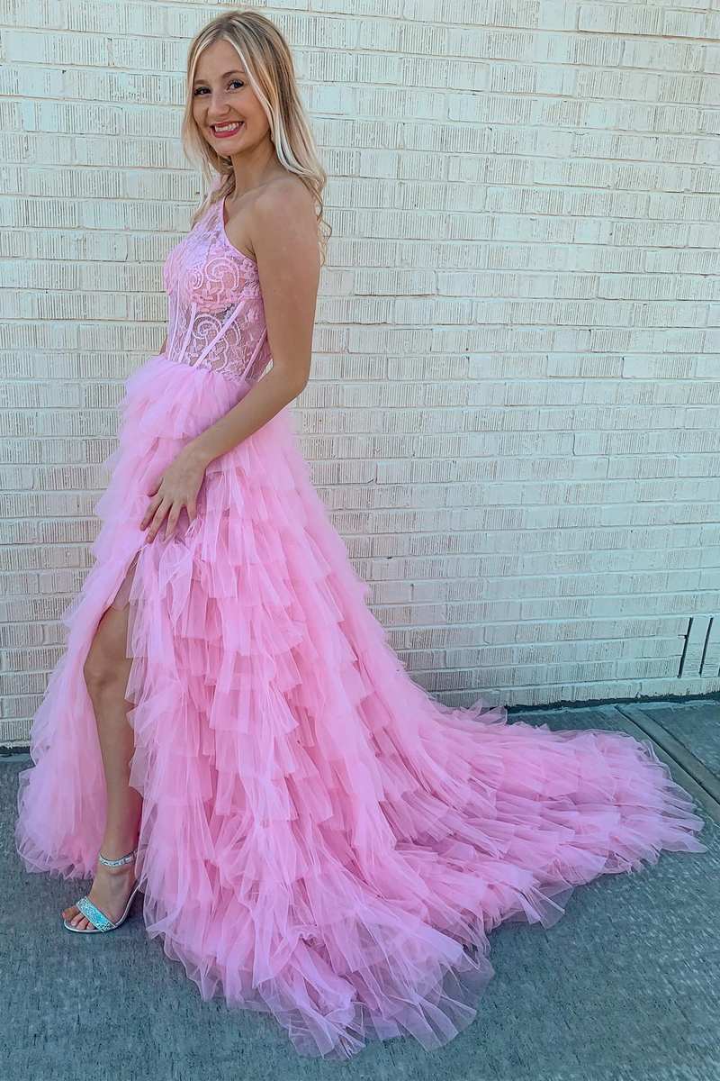 Black Lace One-Shoulder Multi-Tiered Ball Gown with Ruffles