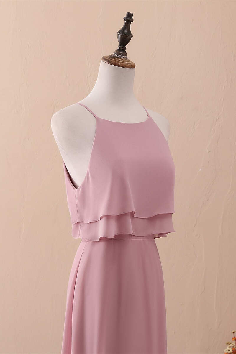 Halter Ruffled A-Line Long Bridesmaid Dress