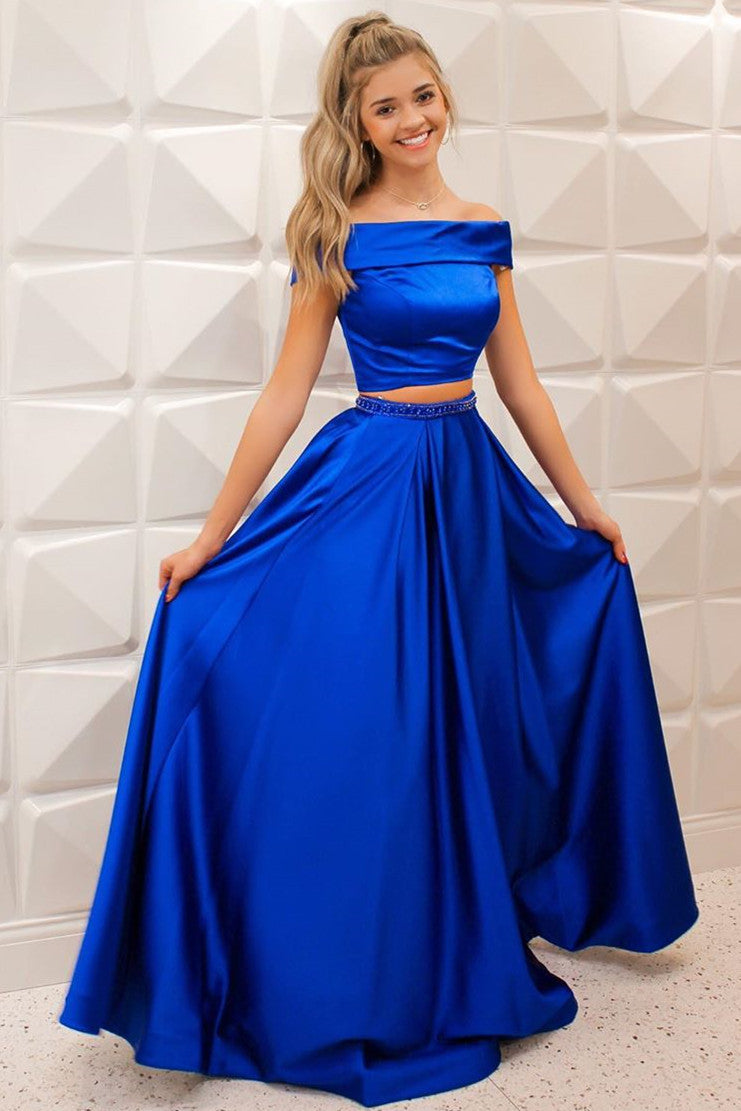 Two Piece Off Shoulder Green Long Prom Dress with Pockets