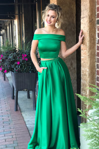 Two Piece Off Shoulder Green Long Prom Dress with Pockets