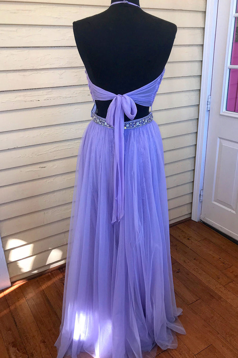 Two Piece Halter Lavender Long Prom Dress