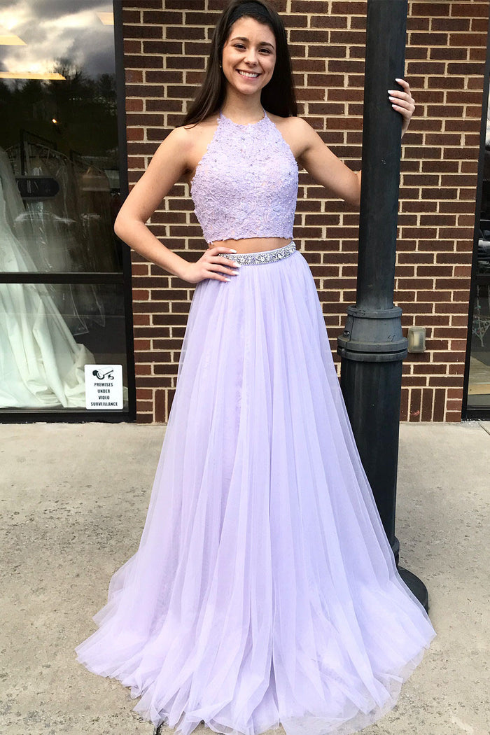 Two Piece Halter Lavender Long Prom Dress