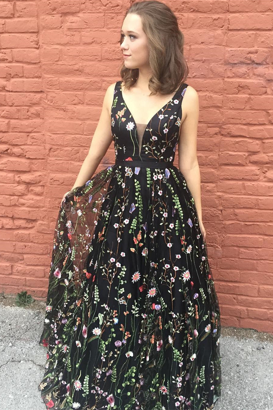 Princess Straps Black Floral Long Prom Dress