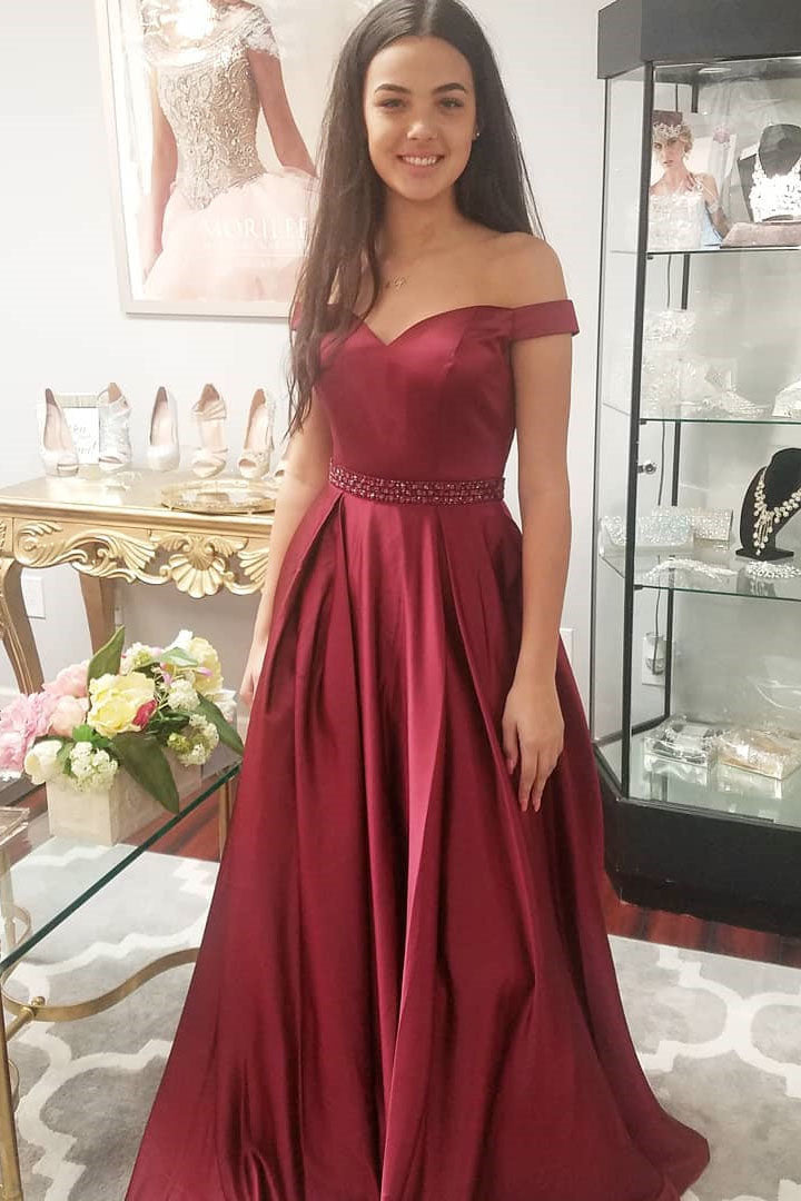 Elegant Off the Shoulder Burgundy Long Prom Dress Party Dress
