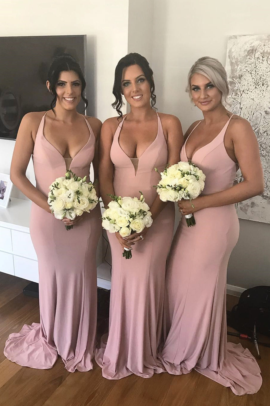 Elegant V Neck Pink Mermaid Long Bridesmaid Dress