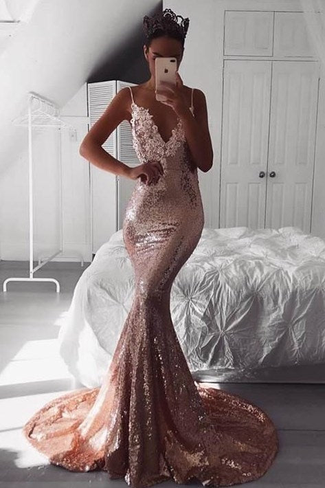 Sexy Rose Gold Sequins Mermaid Long Prom Dress
