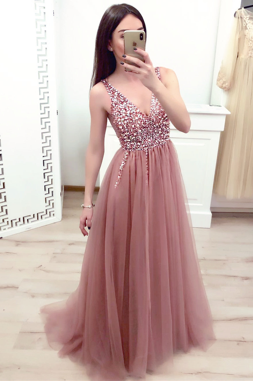 Ball Gown Blush Pink Semi Formal Dress A Line V Neck Blush Pink Beaded Long Formal Ball Gown Blush Pink Semi Formal Dress A Line V Neck Blush Pink Beaded Long Formal