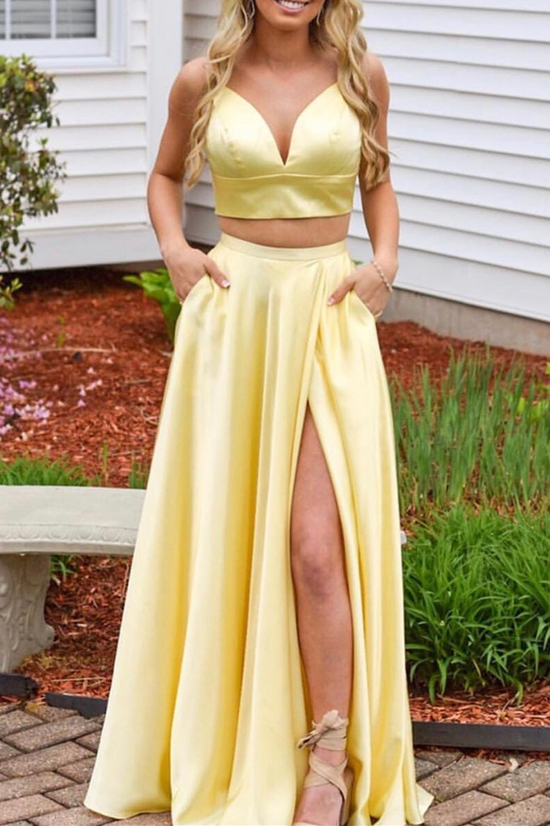 Two Piece Red Front-split Long Prom Evening Dress