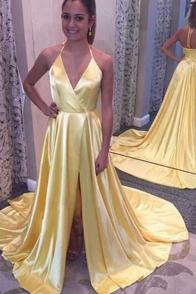Yellow Halter Long Prom Dress with Split