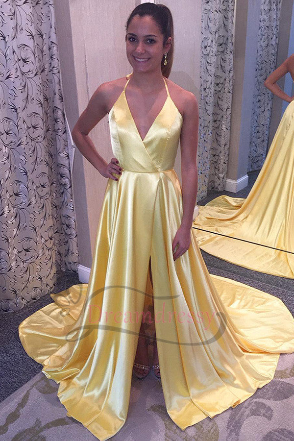 Yellow Halter Long Prom Dress with Split