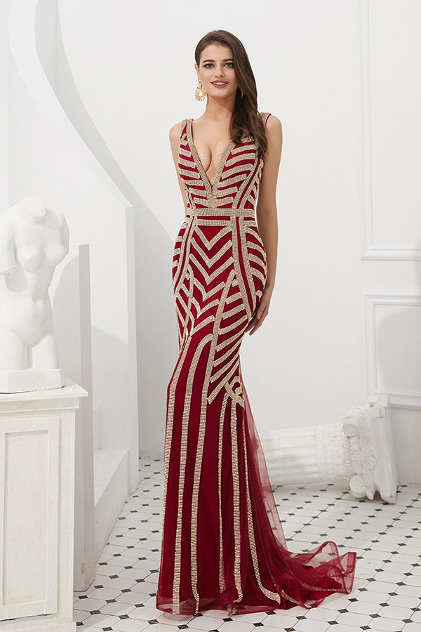 Dark Red Mermaid Long Prom Dress with Beading