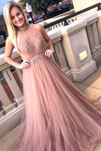 A-Line Halter Long Blush Pink Prom Dress with Beaded Sash