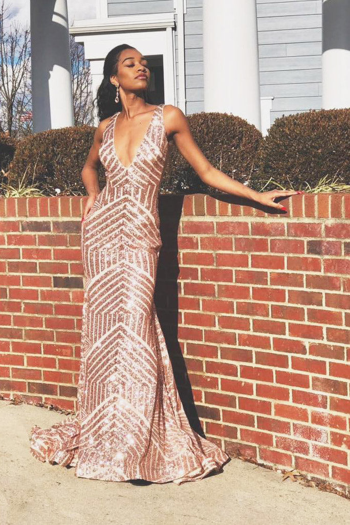 Sparkle Sequins V-Neck Mermaid Long Prom Dress