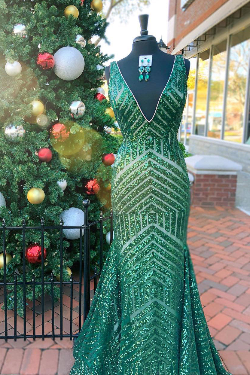 Sparkle Sequins V-Neck Mermaid Long Prom Dress