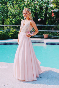 V-Back Beaded Pink Long Prom Dress with Mesh