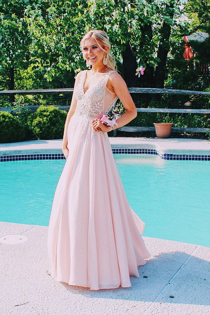 V-Back Beaded Pink Long Prom Dress with Mesh