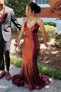 Sparkly V Neck Criss Back Sequins Burgundy Prom Dress
