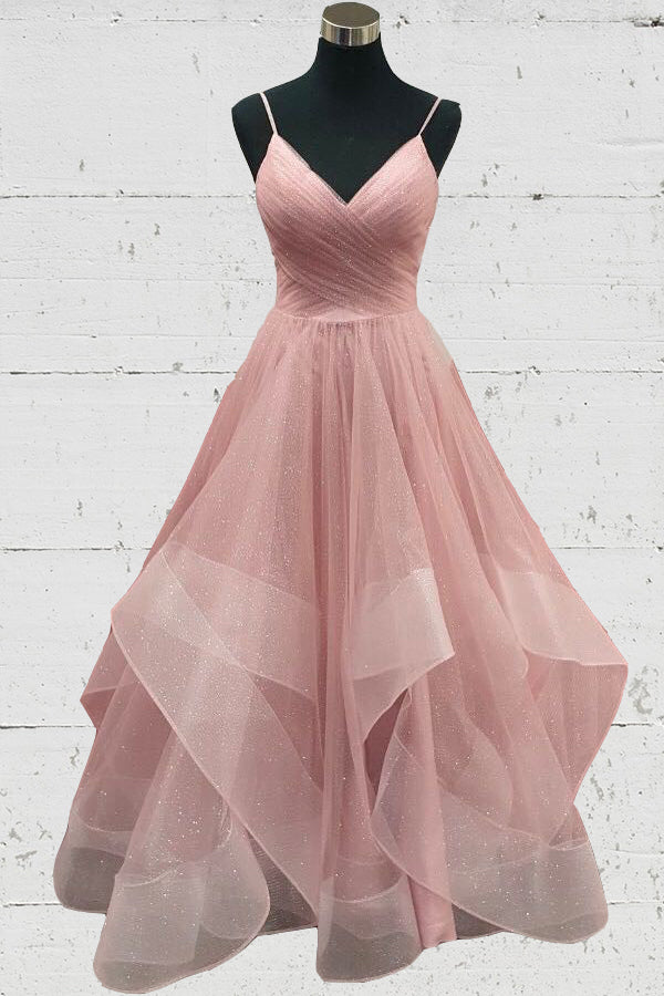 Glitter Straps Ruffled Pink Long Prom Dress