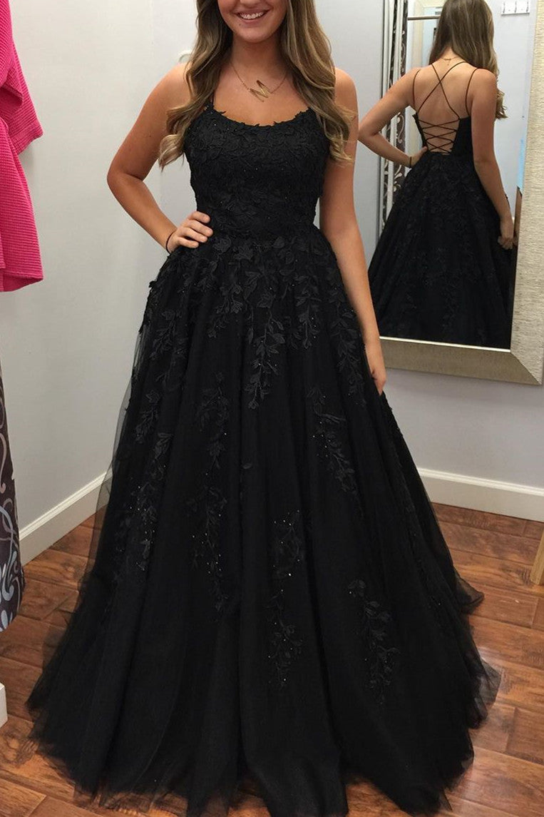 Princess Straps Long Prom Dress with Lace Appliques