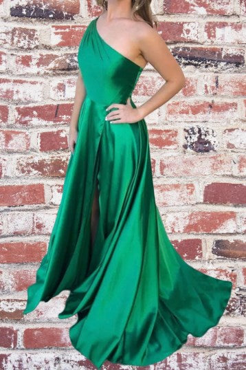 Elegant One Shoulder Wine Red Long Prom Dress with Split