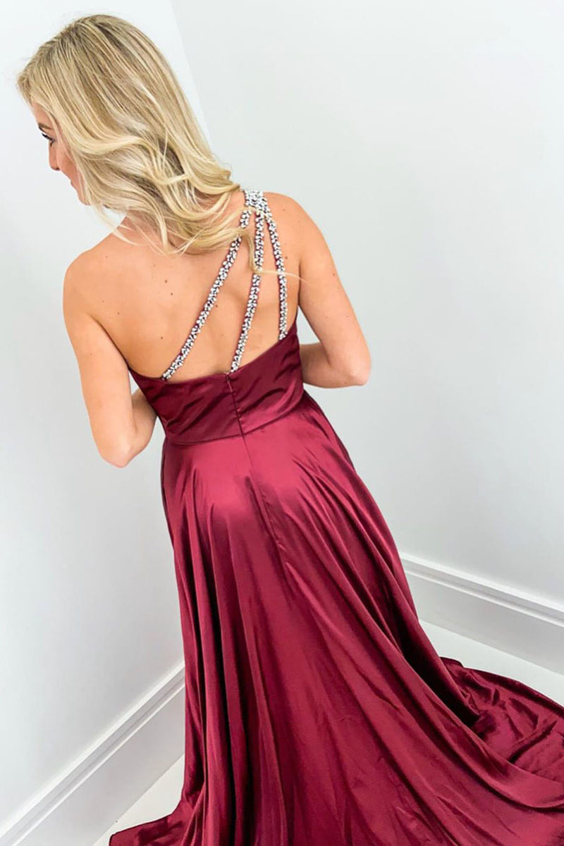 Elegant One Shoulder Wine Red Long Prom Dress with Split