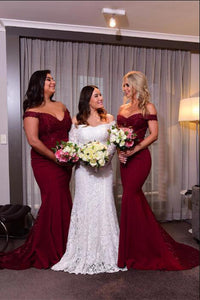 Elegant Mermaid Off Shoulder Burgundy Long Bridesmaid Dress