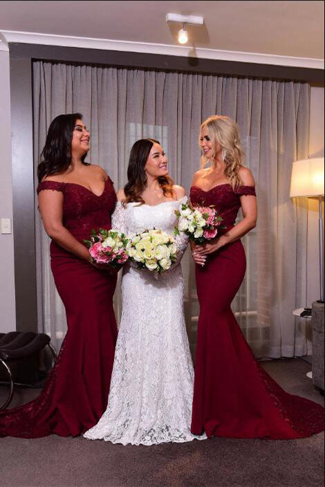 Elegant Mermaid Off Shoulder Burgundy Long Bridesmaid Dress