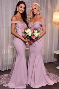 Elegant Off Shoulder Mermaid Lilac Bridesmaid Dress with Train