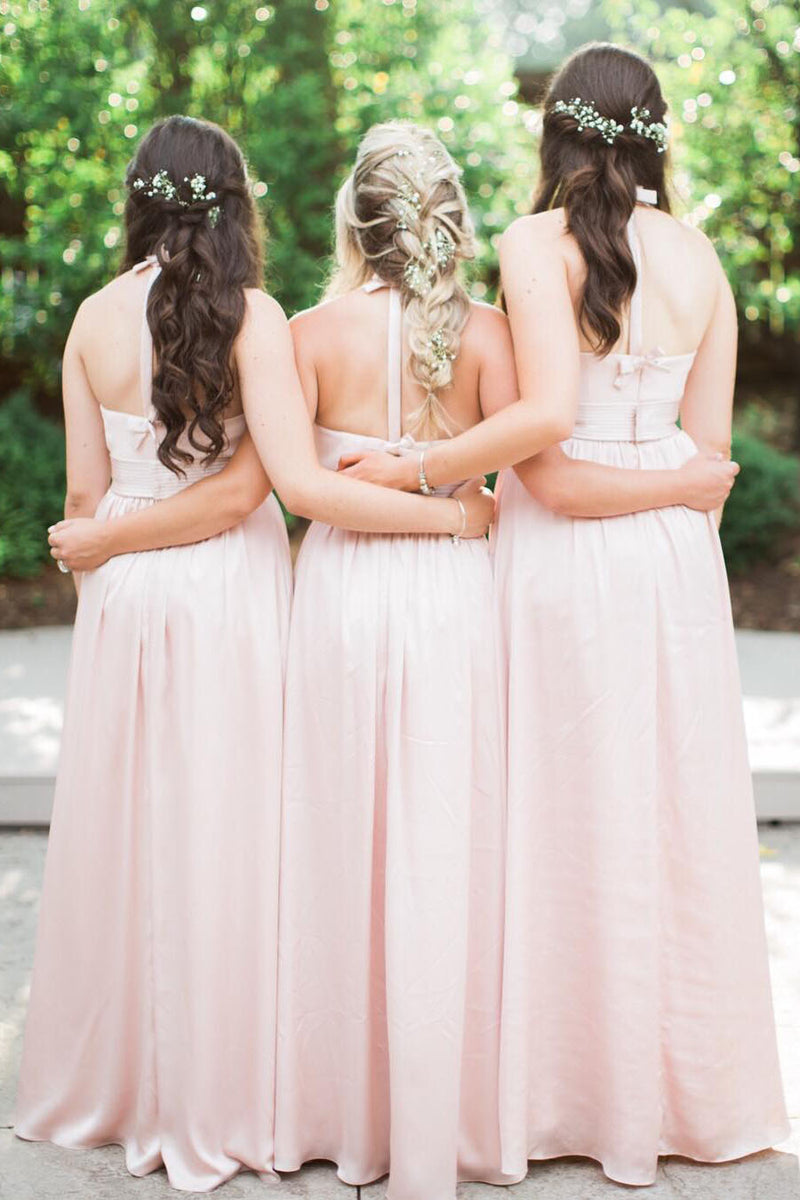 Simple Pink V-Neck Long Bridesmaid Dress