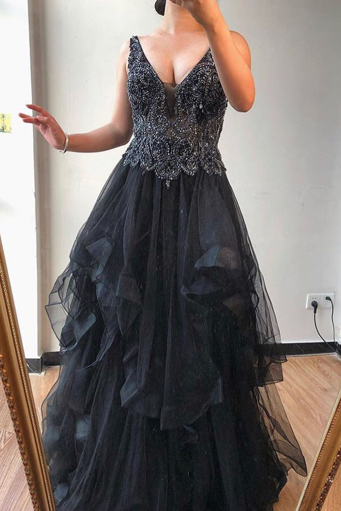 V Neck Black Beaded Long Prom Dress with Layered Ruffles