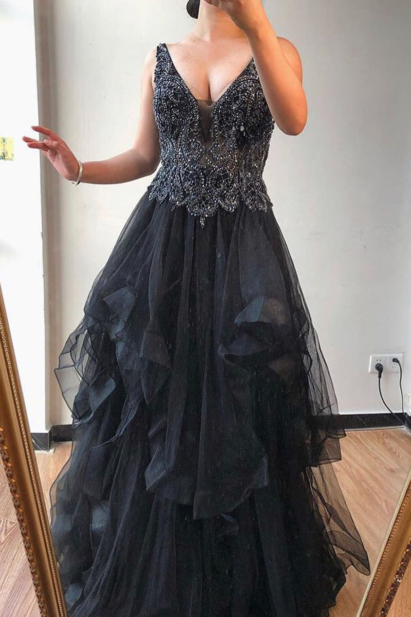 V Neck Black Beaded Long Prom Dress with Layered Ruffles
