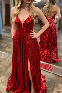 Sparkly Straps Navy Blue Sequin Long Prom Dress with Slit