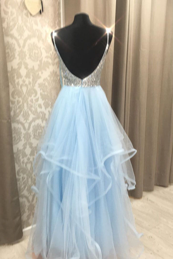 Gorgeous V Neck Light Blue Beaded Long Prom Dress