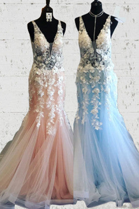 Mermaid V Neck Sky Blue Prom Dress with Lace Appliques