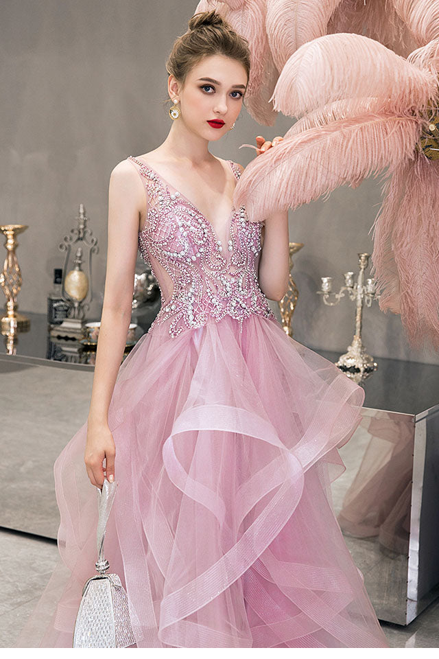 Princess Baby Pink Beaded Long Prom Dress with Ruffles