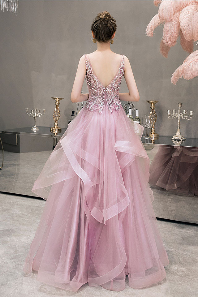 Princess Baby Pink Beaded Long Prom Dress with Ruffles