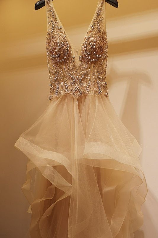 Princess Baby Pink Beaded Long Prom Dress with Ruffles