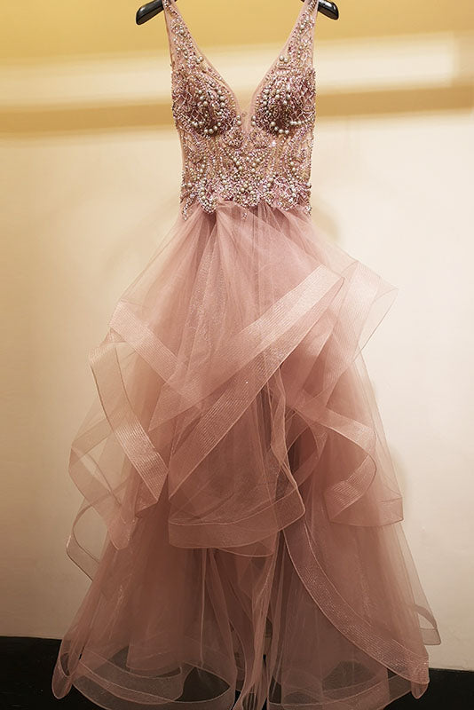 Princess Baby Pink Beaded Long Prom Dress with Ruffles
