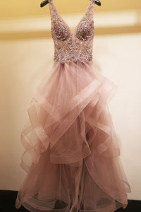 Princess Baby Pink Beaded Long Prom Dress with Ruffles