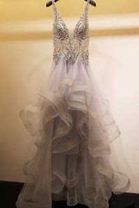 Princess Baby Pink Beaded Long Prom Dress with Ruffles