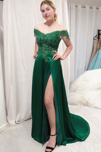 Elegant Off the Shoulder Emerald Green Long Prom Dress with Slit