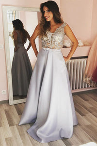 Elegant A-Line Silver Long Prom Dress with Appliques