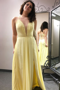 Elegant V Neck A-Line Yellow Long Prom Dress with Slit