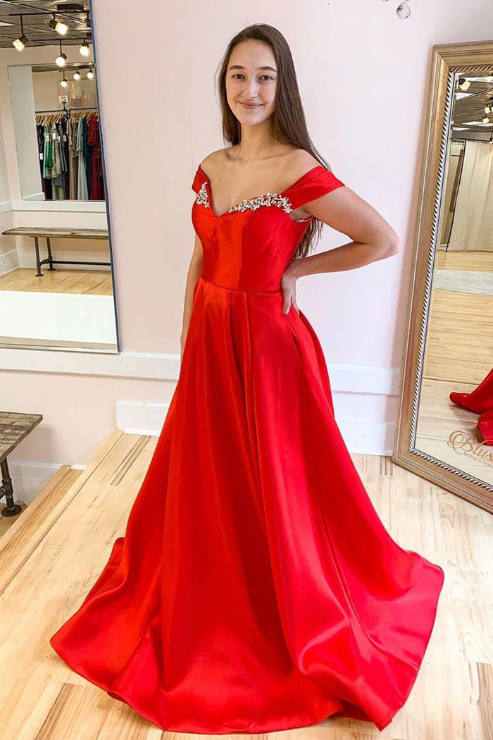 Off Shoulder A-Line Black Long Prom Dress with Beading Top