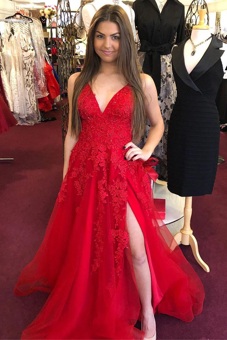 Elegant V Neck A-Line Red Appliqued Long Prom Dress
