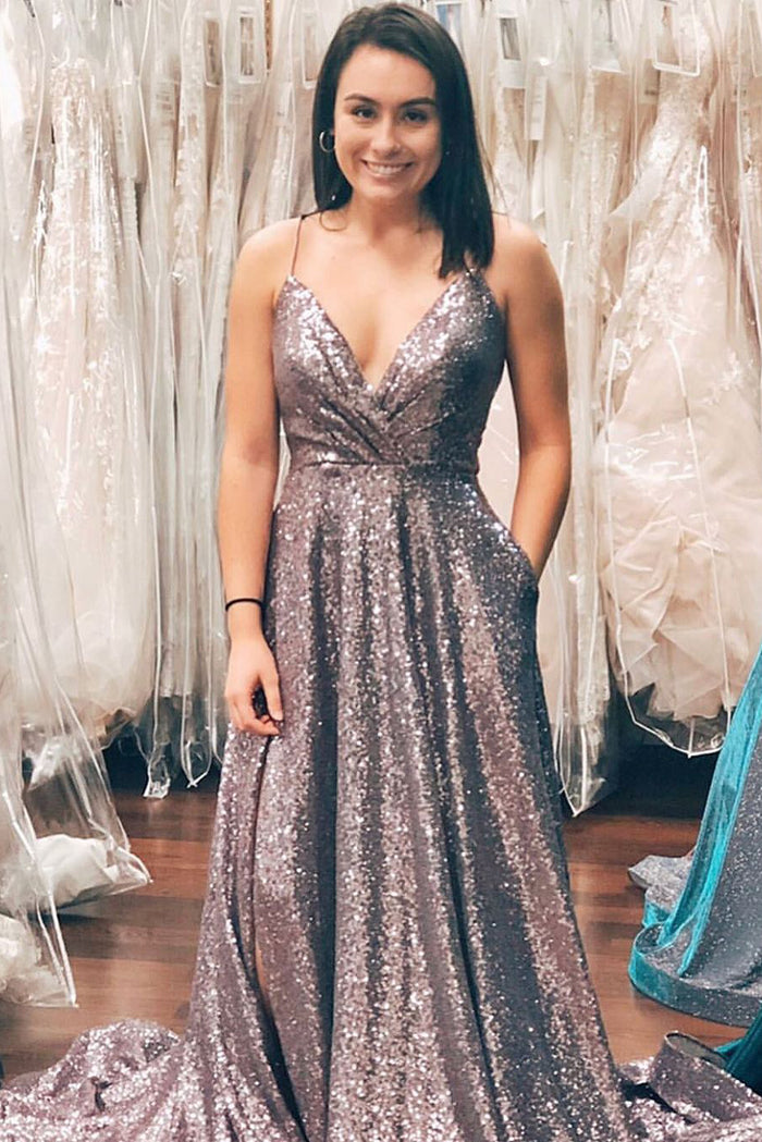 Sparkly V Neck Straps A-Line Long Prom Dress