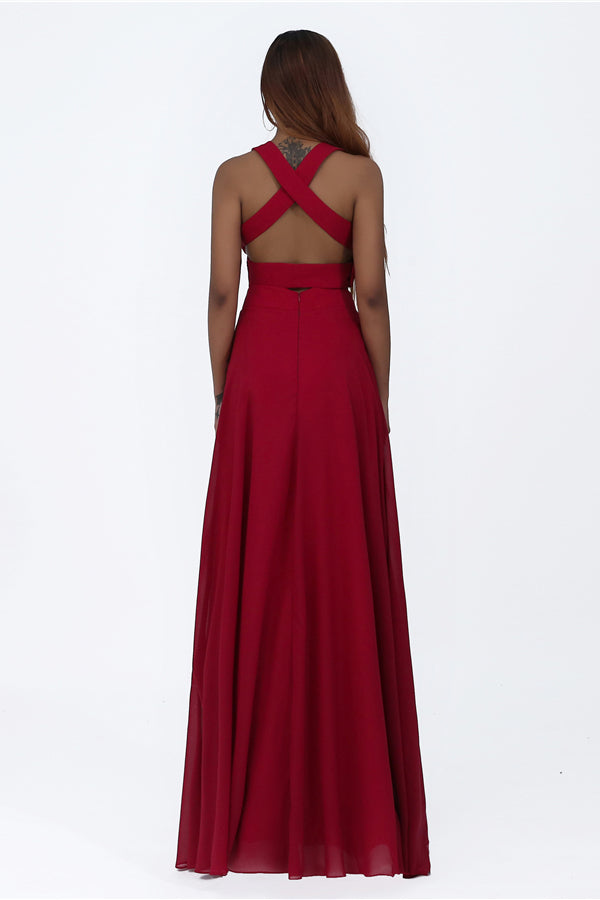 Elegant Two Piece Pleated Red Long Prom Dress