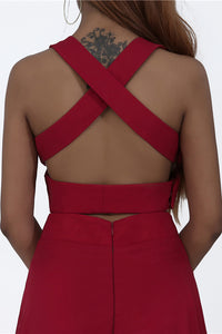 Elegant Two Piece Pleated Red Long Prom Dress