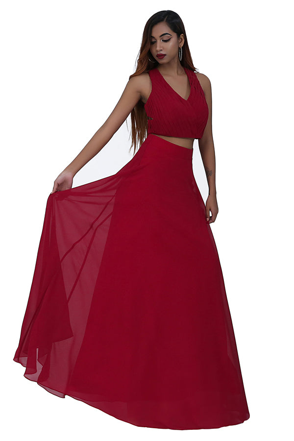 Elegant Two Piece Pleated Red Long Prom Dress
