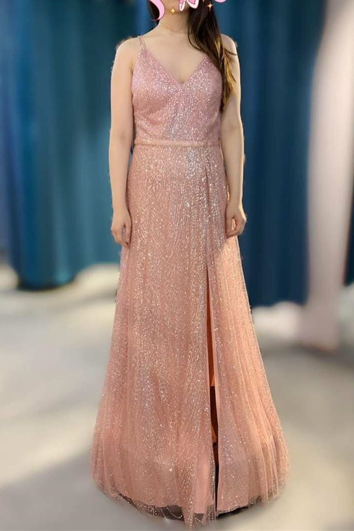 Sparkly V Neck A-Line Red Long Prom Dress with Slit